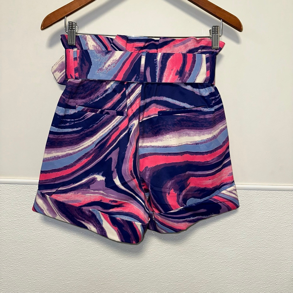 One N More Psychedelic Ruffle Paperbag Women's Shorts Pink Purple S Belted NWT - Picture 11 of 12